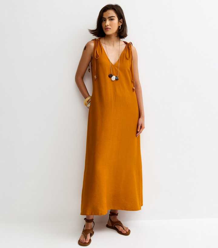 Rust Beaded Tie Smock Midi Dress