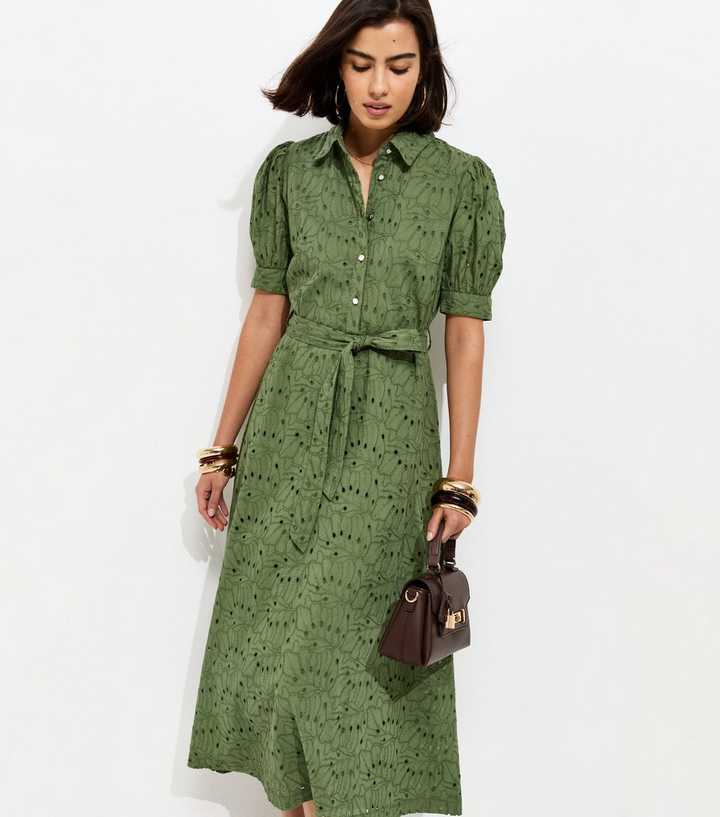 Khaki Broderie Shirt Midi Dress