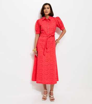 Coral Broderie Shirt Midi Dress