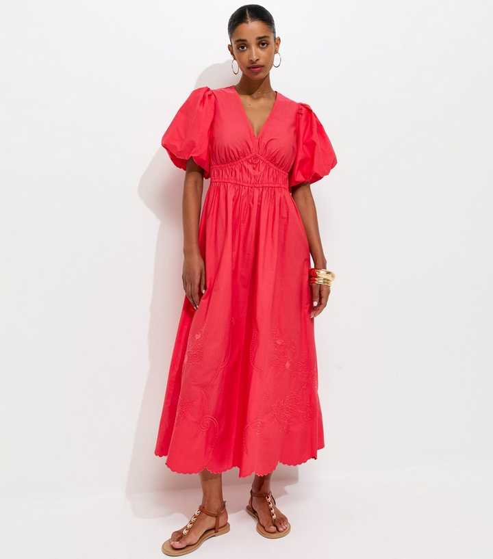 Dark Coral Cotton Puff Sleeve Midi Dress