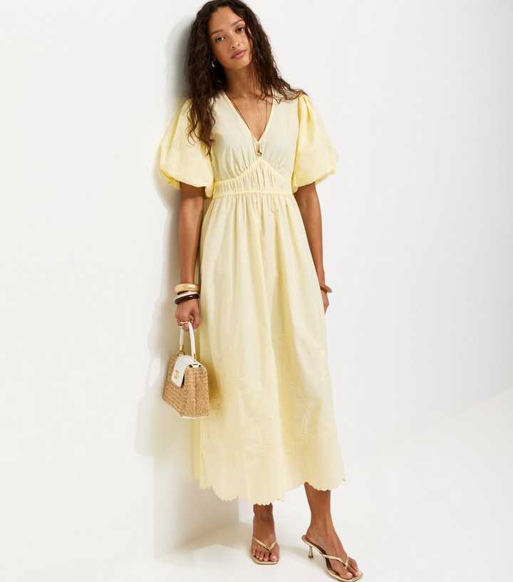 Light Yellow Cotton Puff Sleeve Midi Dress