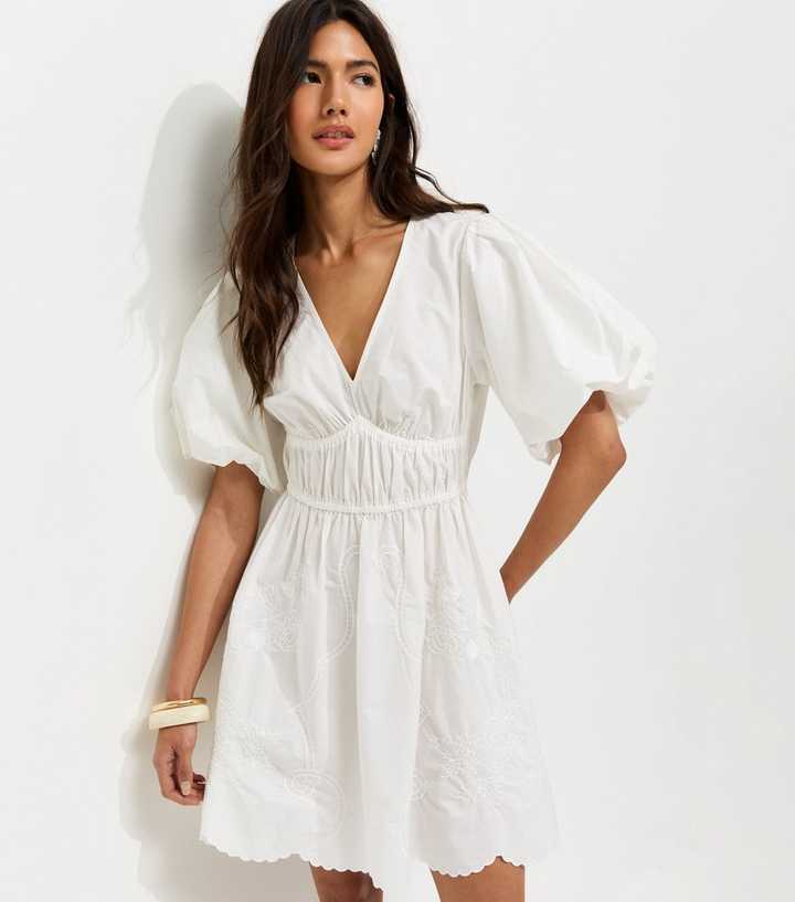 White Embroidered Cutwork Mini Dress