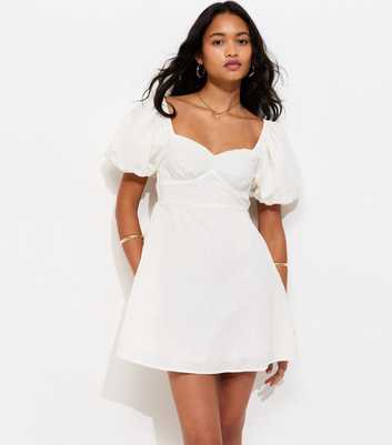 White Floral Puff Sleeve Mini Dress