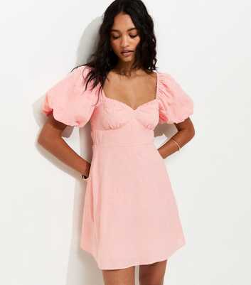 Light Pink Floral Puff Sleeve Mini Dress