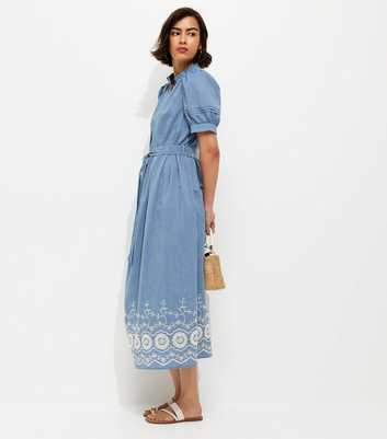 Light Blue Cotton Chambray Grandad Neck Broderie Midi Dress