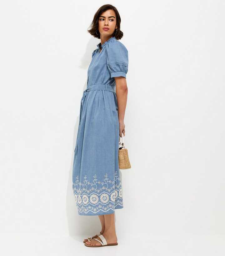Light Blue Cotton Chambray Grandad Neck Broderie Midi Dress