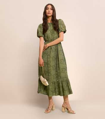 Khaki Embroidered Puff Sleeve Midi Dress
