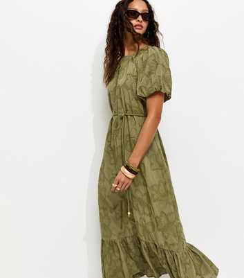 Khaki Embroidered Puff Sleeve Midi Dress