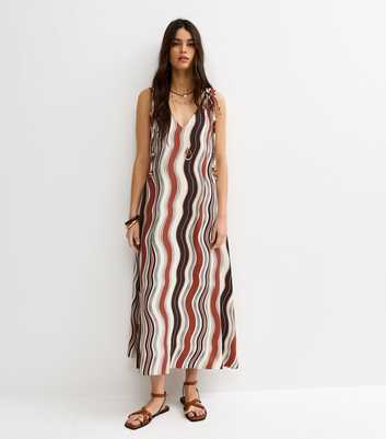 Brown Wavy Print Ruched Shoulder Smock Midi Dress