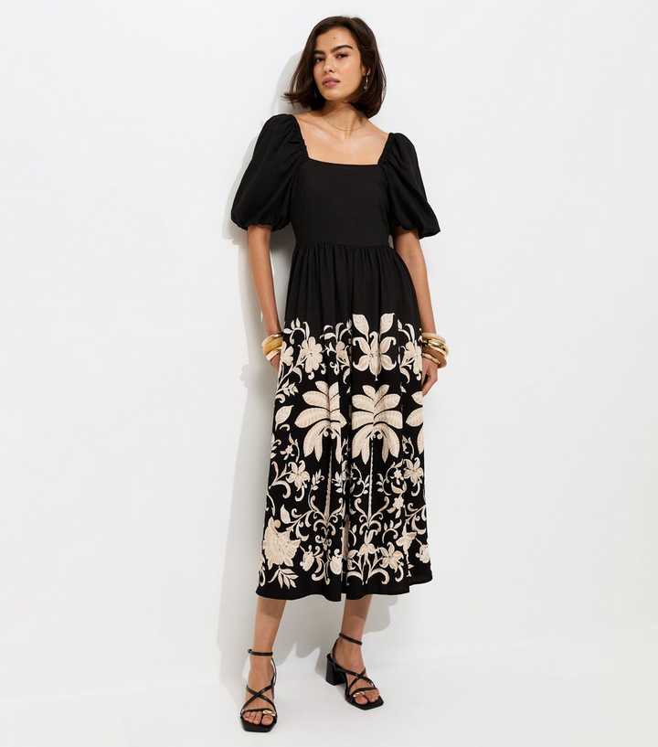Black Floral Border Print Milkmaid Midi Dress