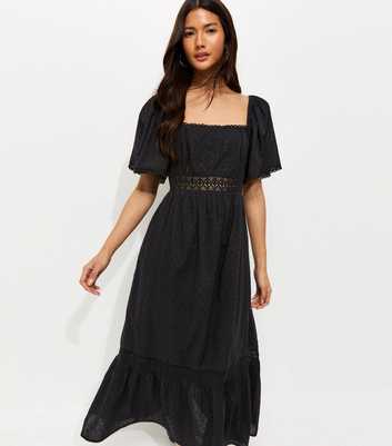 Black Dobby Square Neck Midi Dress