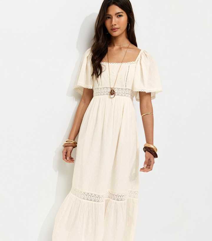 Cream Dobby Square Neck Midi Dress