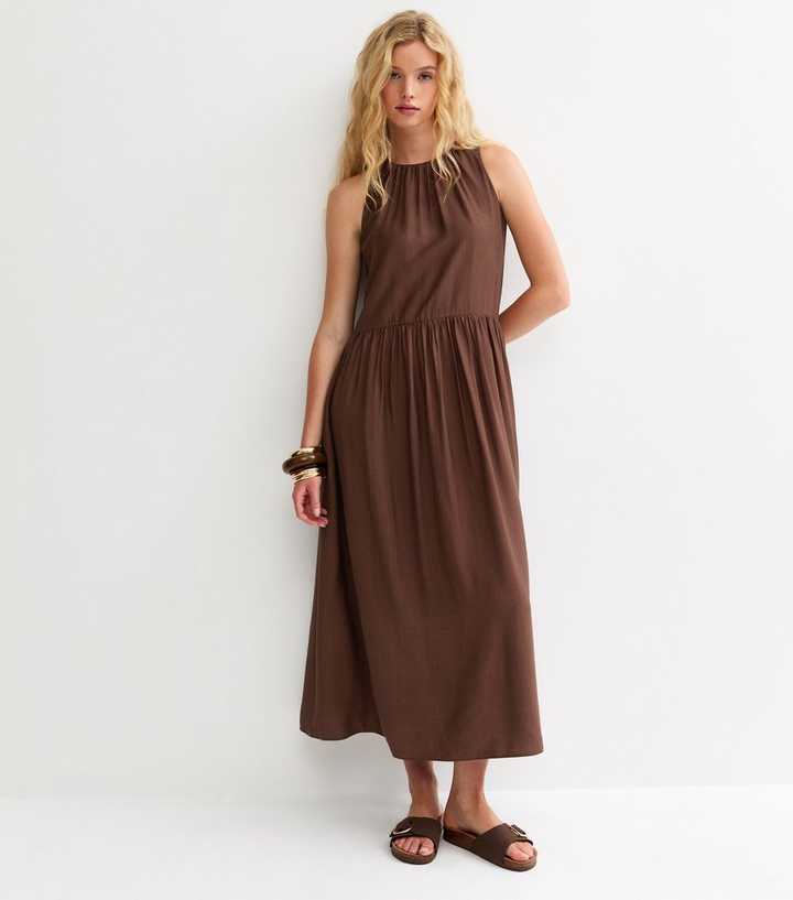 Brown Drop Waist Sleeveless Midi Dress
