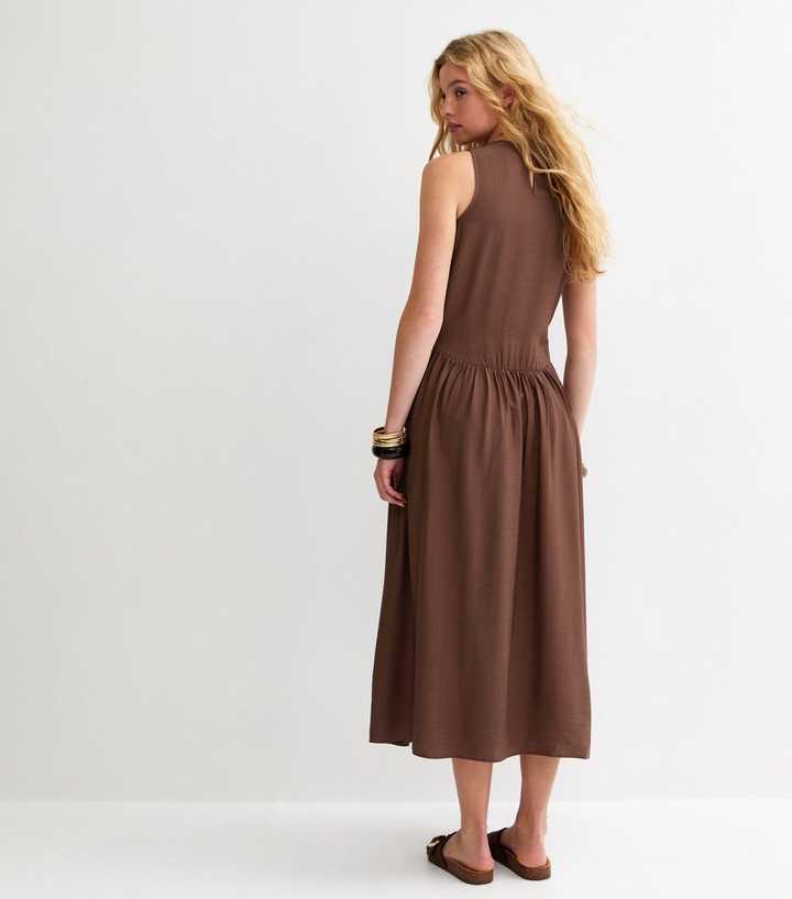 Brown Drop Waist Sleeveless Midi Dress