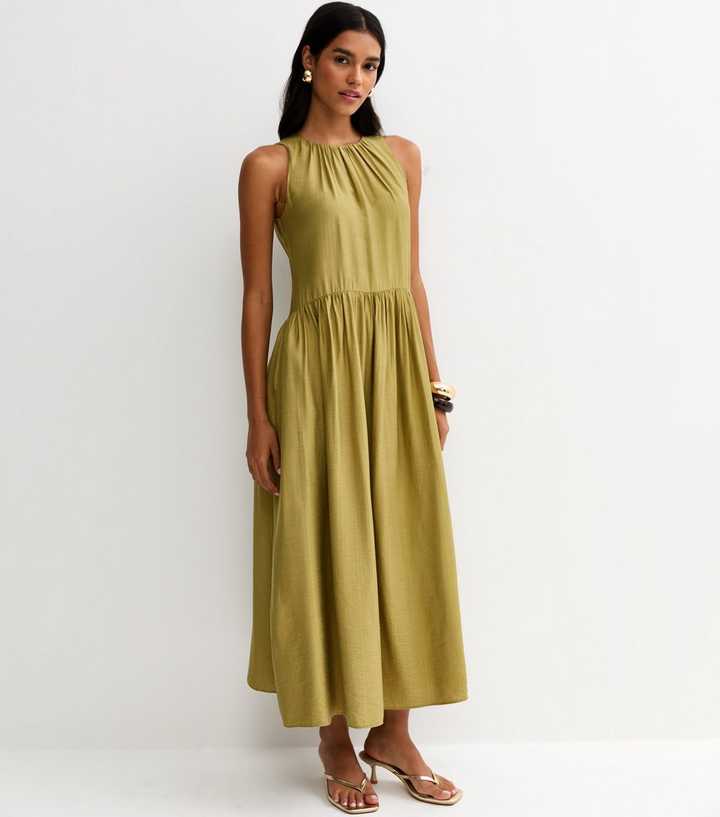 Light Khaki Drop Waist Sleeveless Midi Dress