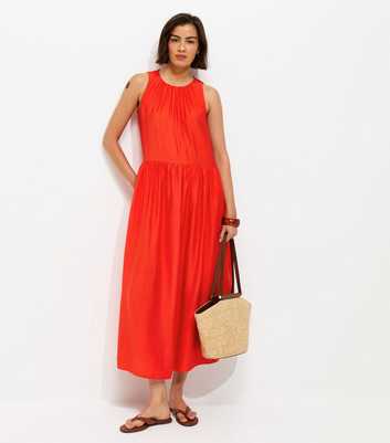 Bright Orange Drop Waist Sleeveless Midi Dress