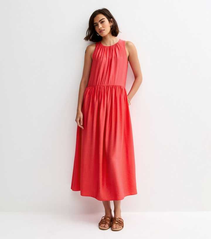 Coral Pink Drop Waist Sleeveless Midi Dress | New Look