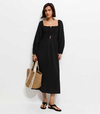 Black Cotton Shirred Milkmaid Midi Dress