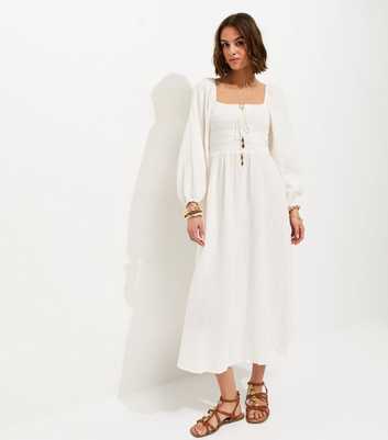 White Cotton Shirred Milkmaid Midi Dress