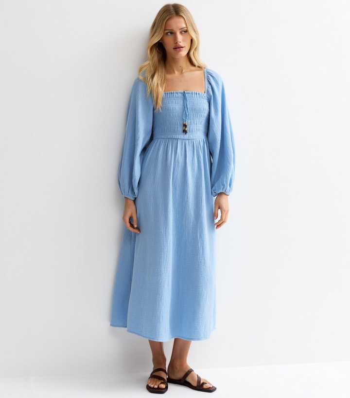 Light Blue Cotton Shirred Milkmaid Midi Dress