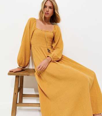 Dark Yellow Cotton Shirred Milkmaid Midi Dress