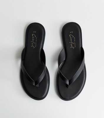 Black Faux Leather Toe Post Sandals
