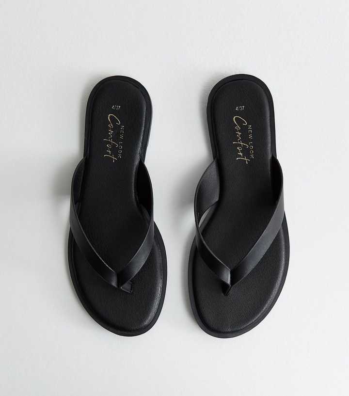 Black Faux Leather Toe Post Sandals