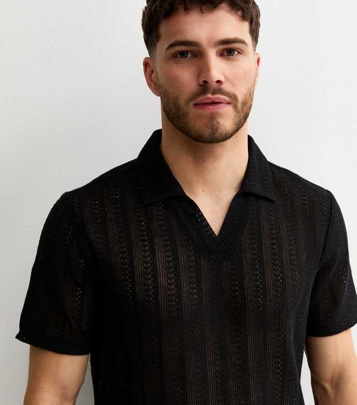 Black Crochet Polo Shirt