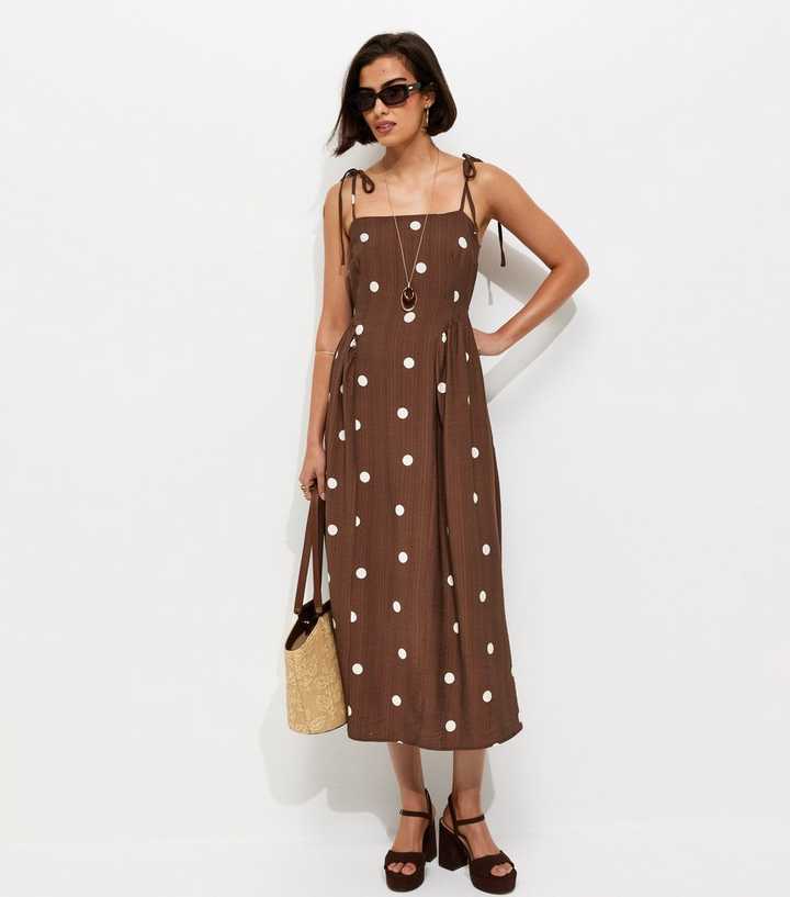 Brown Spot Print Cami Godet Midi Dress