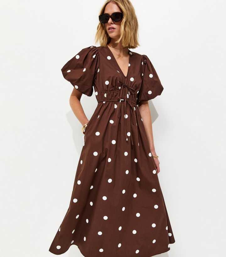 maxi brunch dresses Brown Polka Dot Print Ruffle Midi Dress – Mint Velvet