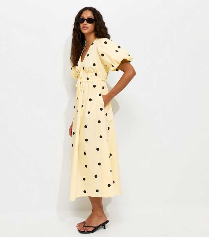Yellow Polka Dot Puff Sleeve Midi Dress