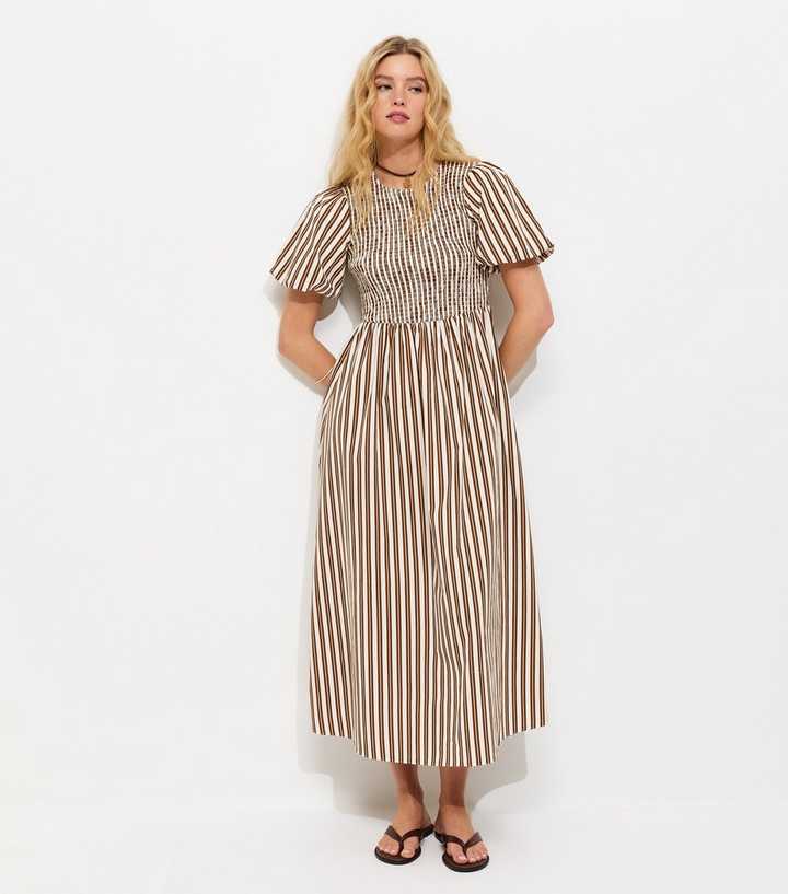 Brown Striped Puff Sleeves Shirred Smock Midi Dress