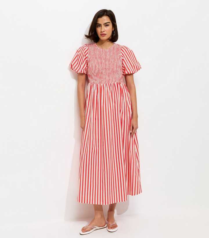 Pink Striped Puff Sleeves Shirred Smock Midi Dress