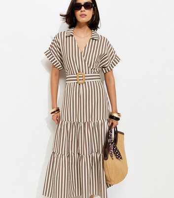 Brown Striped Tiered Wrap Midi Dress
