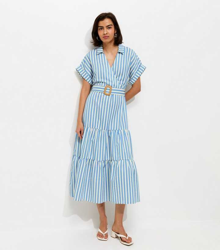 Blue Striped Tiered Wrap Midi Dress