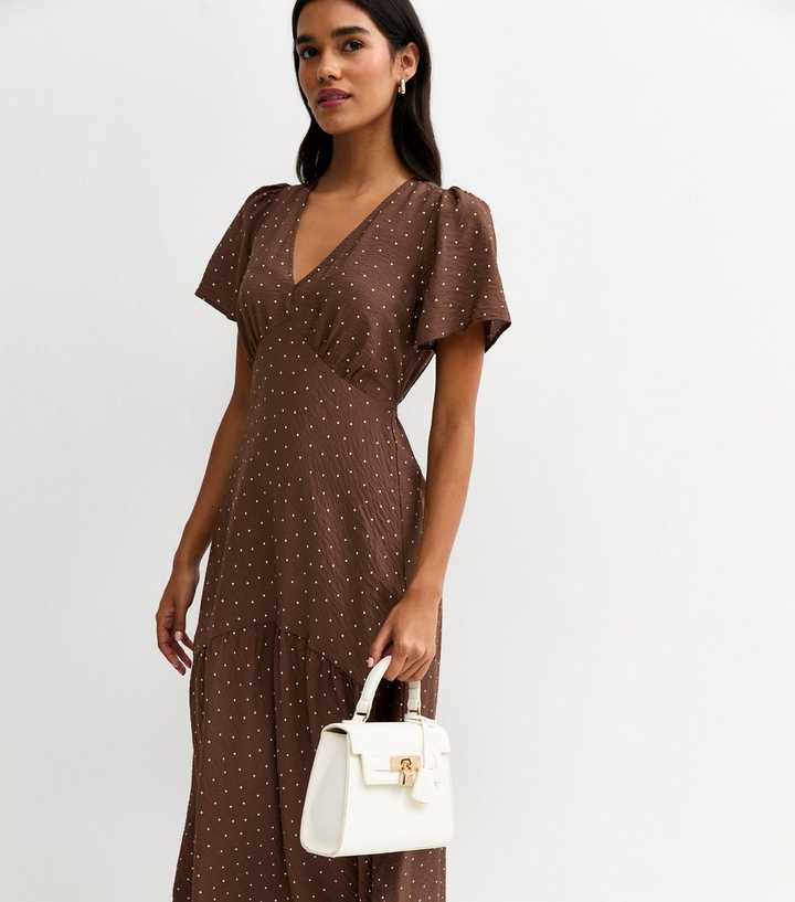 Brown Spot Print Tiered Midi Tea Dress Brown Spot Print Tiered Midi Tea Dress