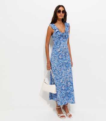 Blue Crepe Ditsy Floral Print Ruffle Trim Midi Dress