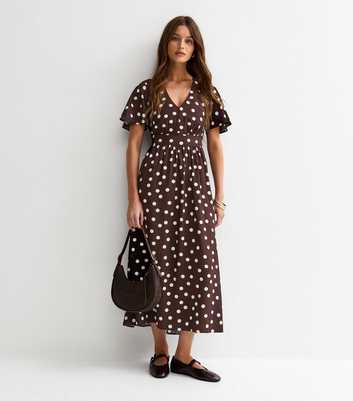 Brown Polka Dot Flutter Sleeve Midi Dress