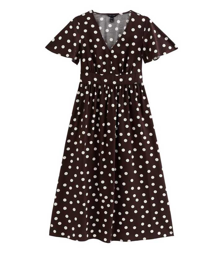 Brown Polka Dot Flutter Sleeve Midi Dress