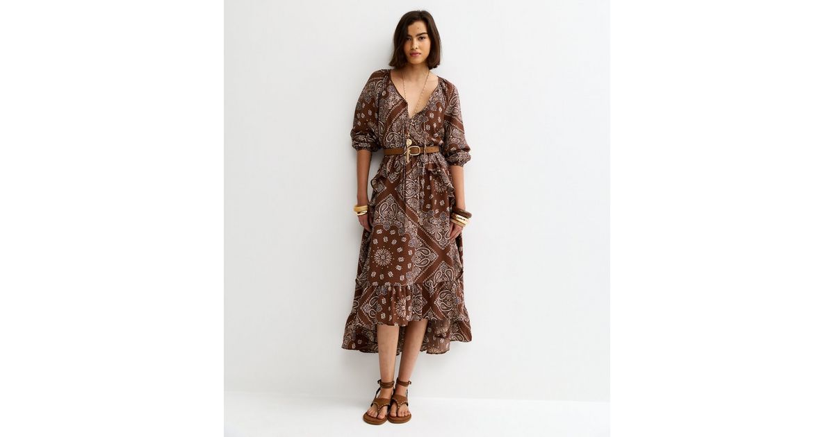 Brown Bandana Print Ruffle Hem Midi Dress | New Look