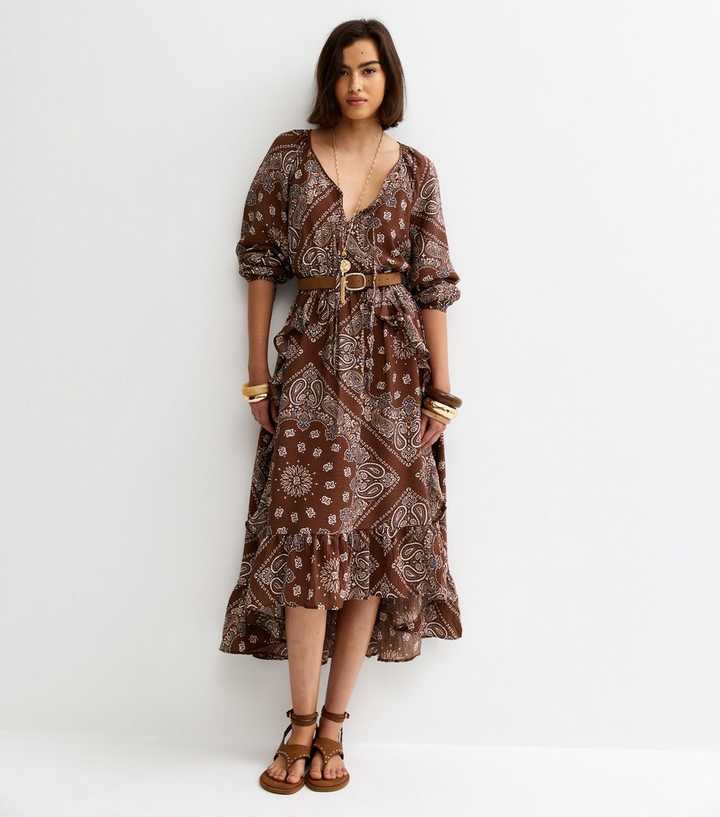 Brown Bandana Print Ruffle Hem Midi Dress