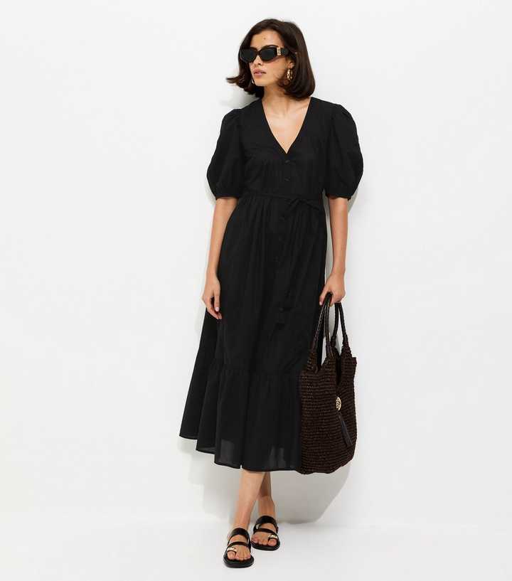 Black Embroidered Smock Midi Dress