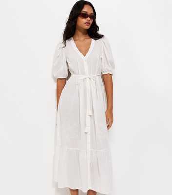 White Embroidered V Neck Smock Shirt Midi Dress