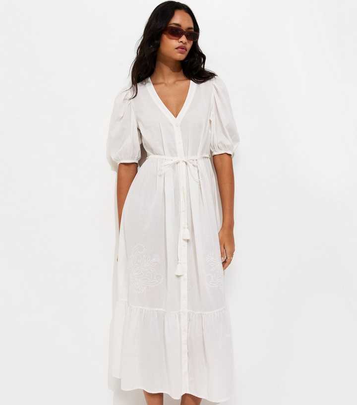 White Embroidered V Neck Smock Shirt Midi Dress