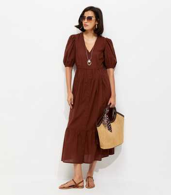 Dark Red Embroidered Smock Midi Dress