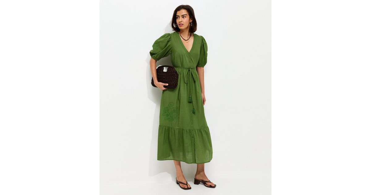 Bright Green Embroidered Smock Midi Dress | New Look