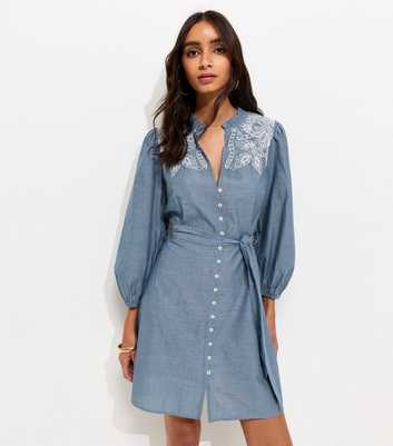 Light Blue Chambray Embroidered Smock Mini Dress
