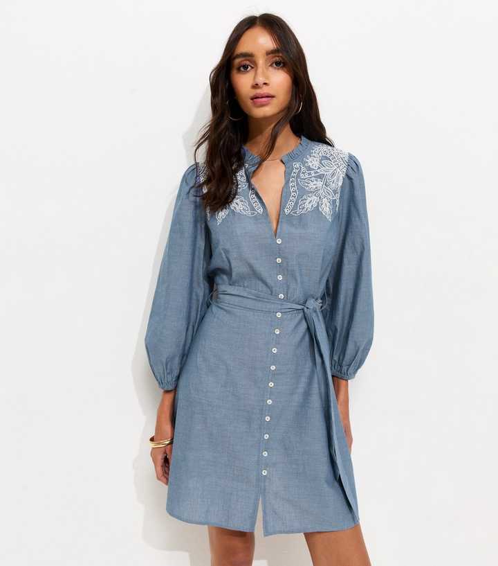 Light Blue Chambray Embroidered Smock Mini Dress