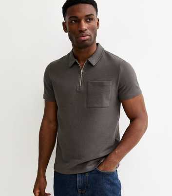 Dark Grey Regular Textured Quarter Zop Polo Shirt
