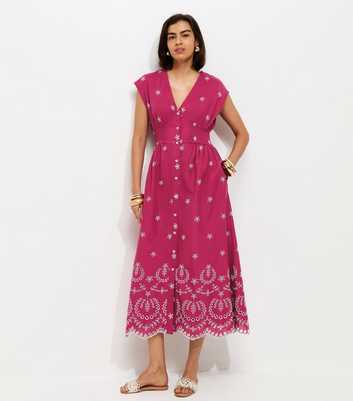 Pink Embroidered Sleeveless V Neck Midi Dress